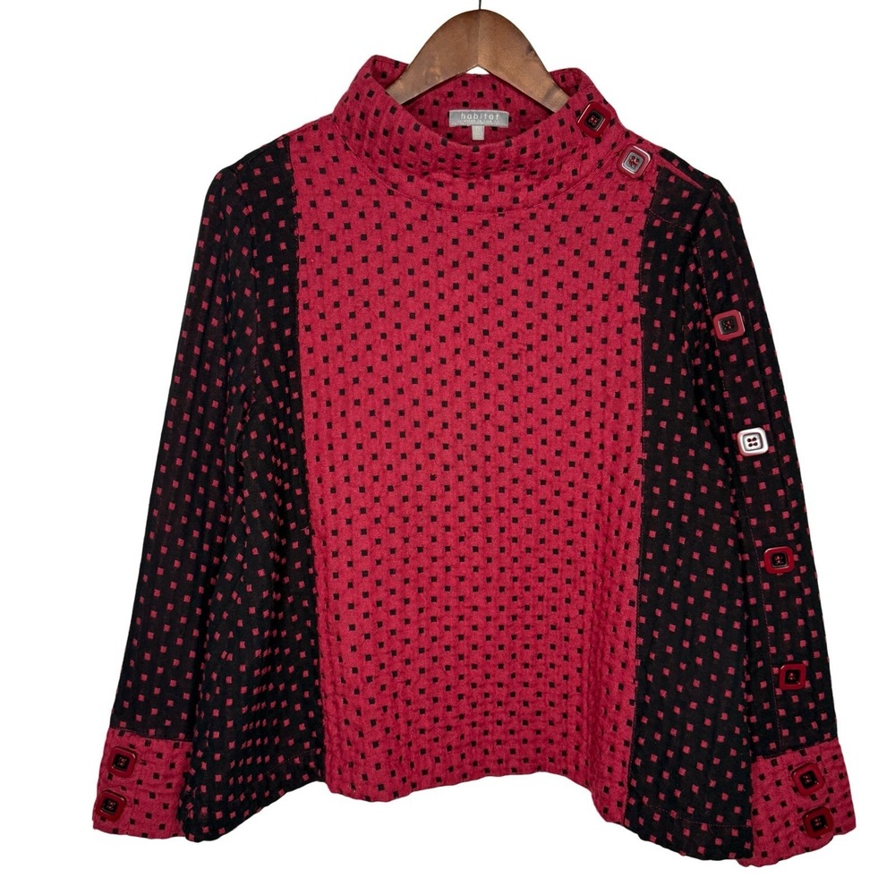 Habitat Shirt XS Maroon Black‎ Textured Artsy Mock Neck Button Lagenlook Gauzy